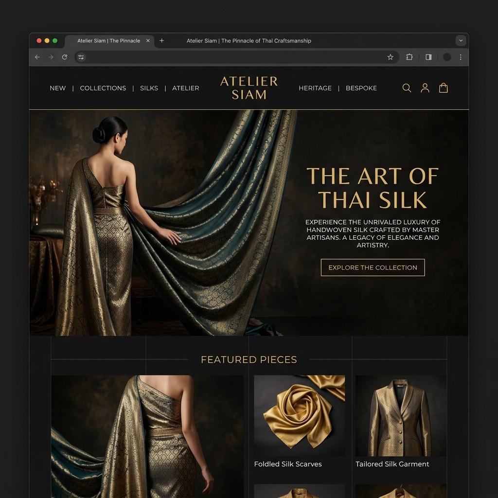 Atelier Siam — Luxury Thai Silk Fashion Website designed and built by AETHER using Vibe Coding AI methodology